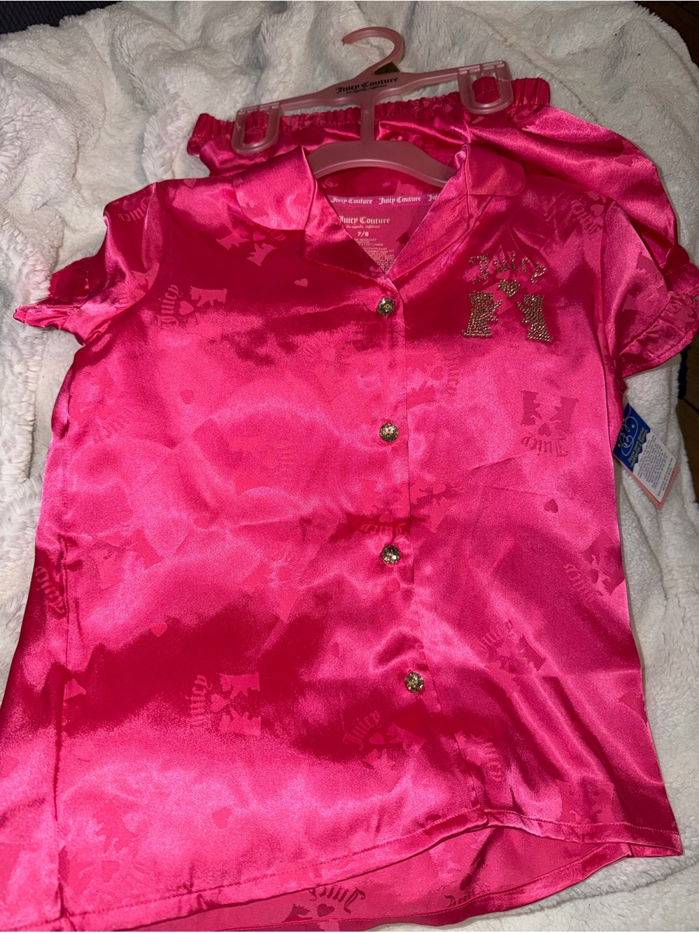 Girls Juicy Couture Hot Pink Satin Button-Up PJ set 7/8 NWT